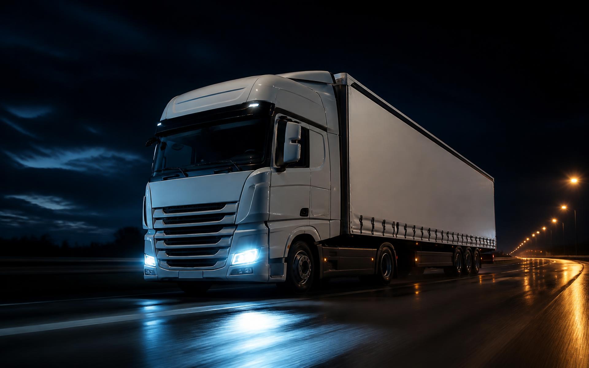 Long-haul truck travelling a South African highway at night