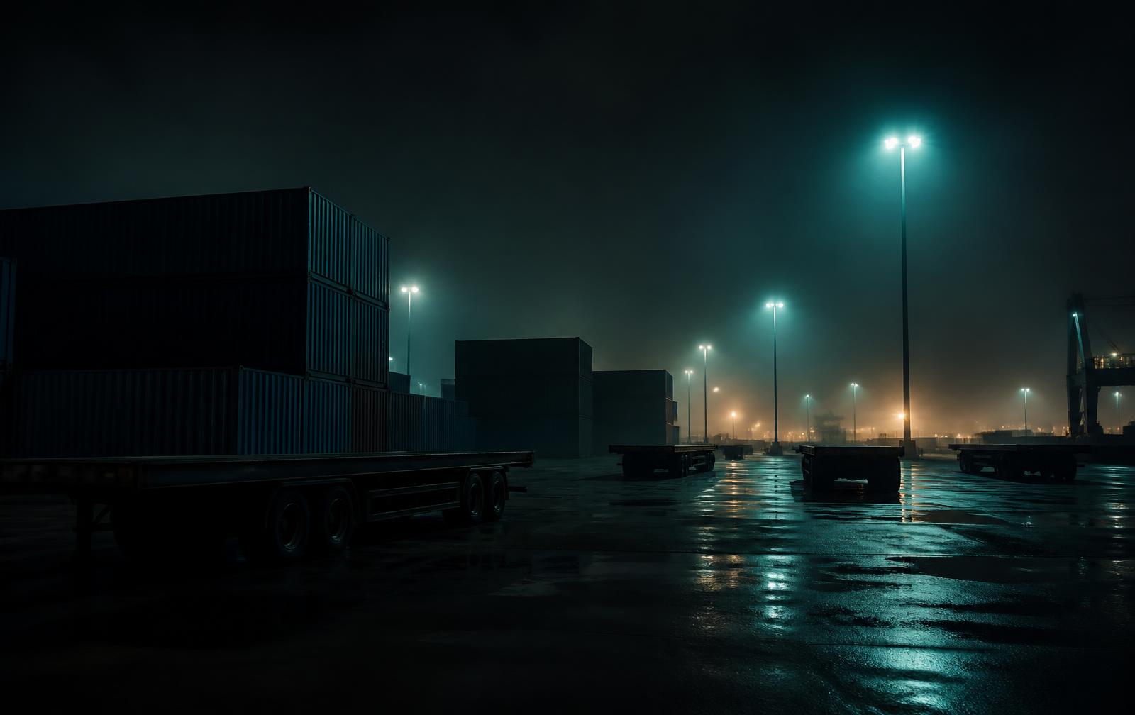 Freight yard with trailers at night